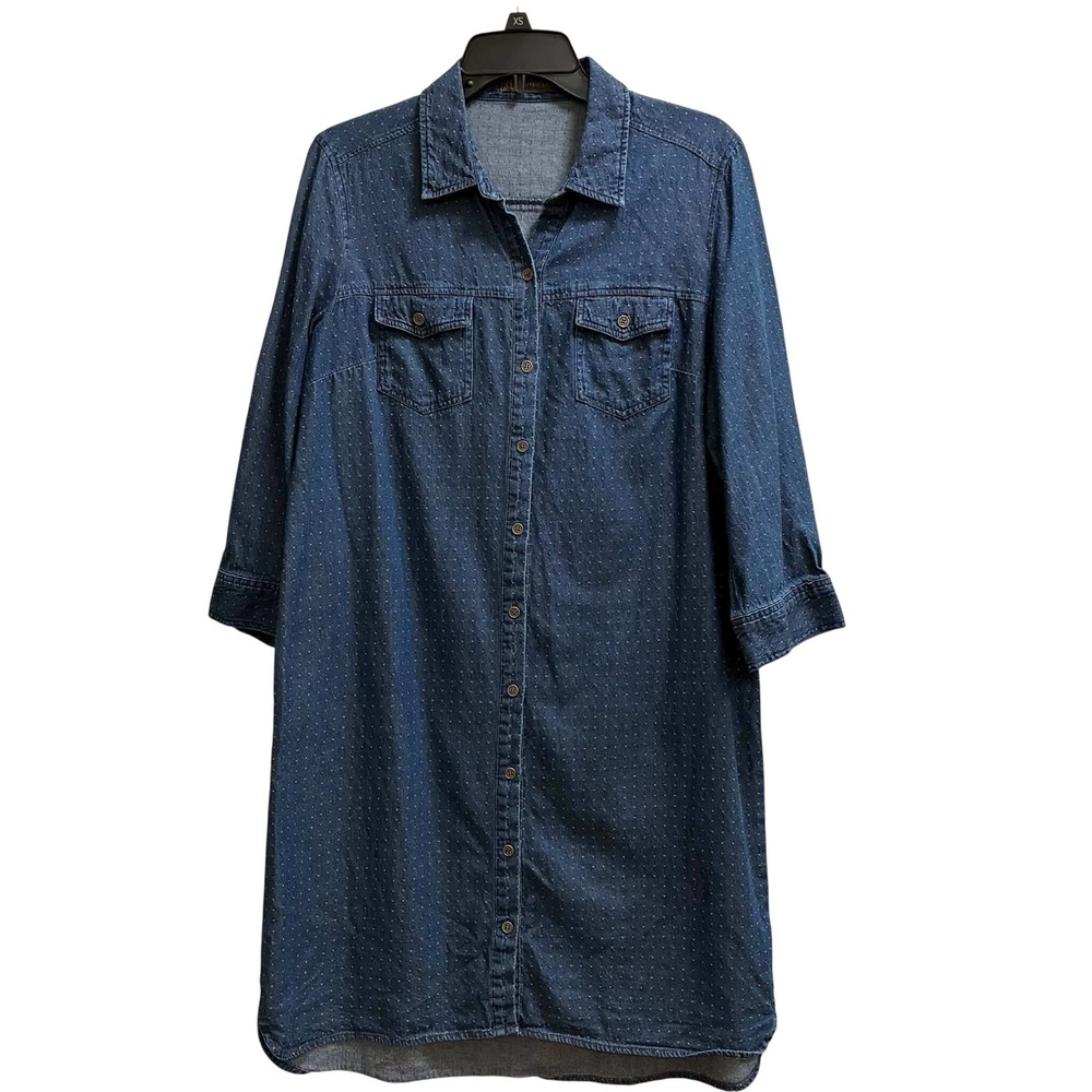 Outback Red Womens L Denim Shirt Dress Blue Chambray Cotton Button Front Dotted